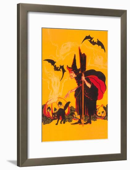 Witch with Goblin Emerging from Pumpkin-null-Framed Art Print