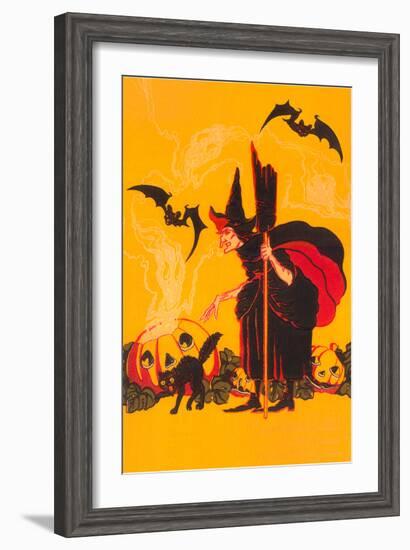 Witch with Goblin Emerging from Pumpkin-null-Framed Art Print