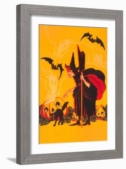 Witch with Goblin Emerging from Pumpkin-null-Framed Art Print