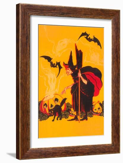 Witch with Goblin Emerging from Pumpkin-null-Framed Art Print