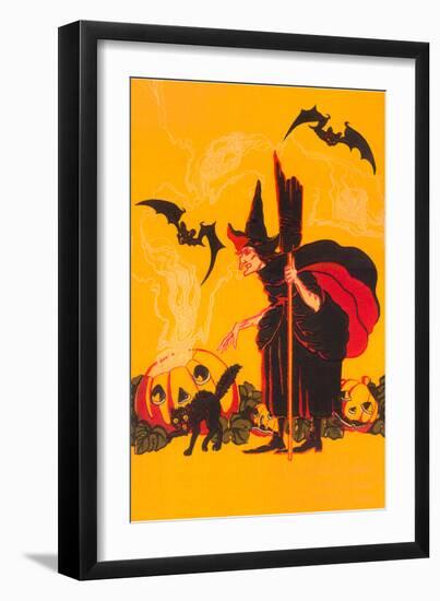 Witch with Goblin Emerging from Pumpkin--Framed Art Print