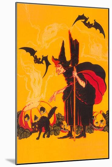 Witch with Goblin Emerging from Pumpkin-null-Mounted Art Print