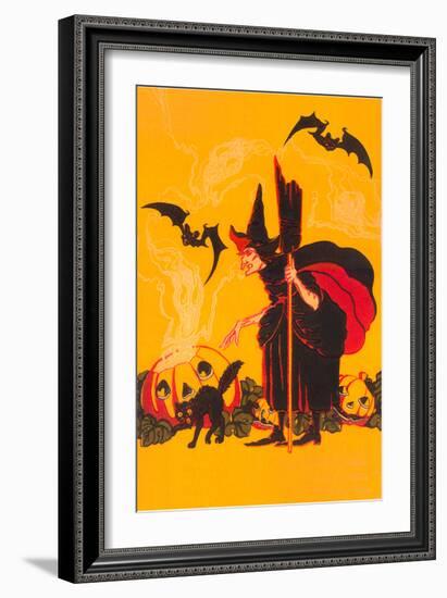 Witch with Goblin Emerging from Pumpkin-null-Framed Art Print