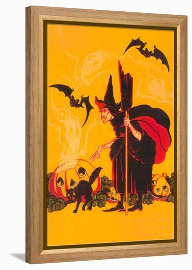 Witch with Goblin Emerging from Pumpkin-null-Framed Stretched Canvas