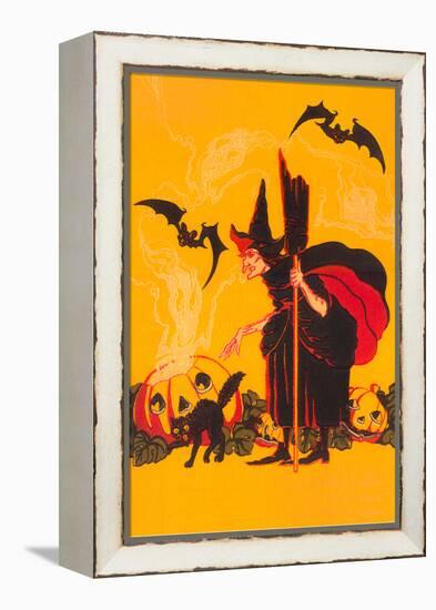 Witch with Goblin Emerging from Pumpkin-null-Framed Stretched Canvas