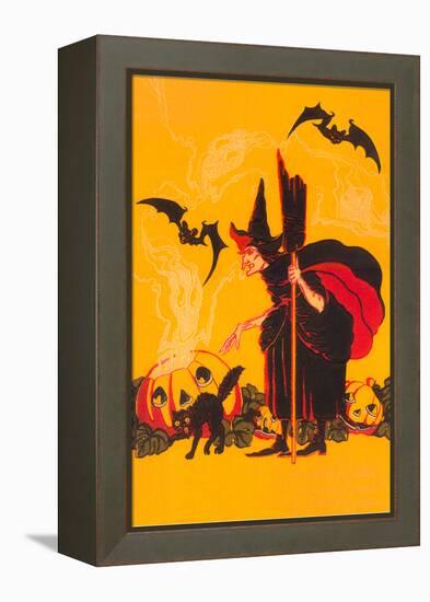 Witch with Goblin Emerging from Pumpkin-null-Framed Stretched Canvas