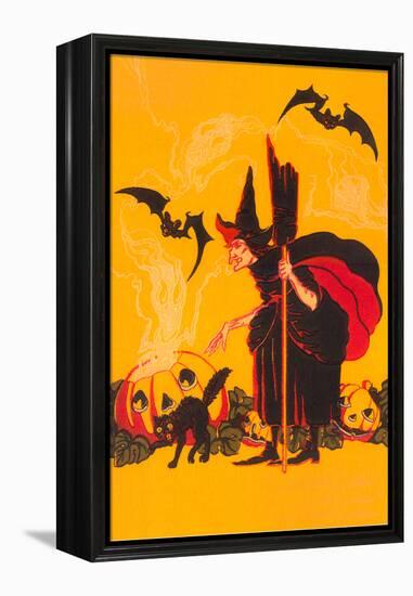 Witch with Goblin Emerging from Pumpkin-null-Framed Stretched Canvas