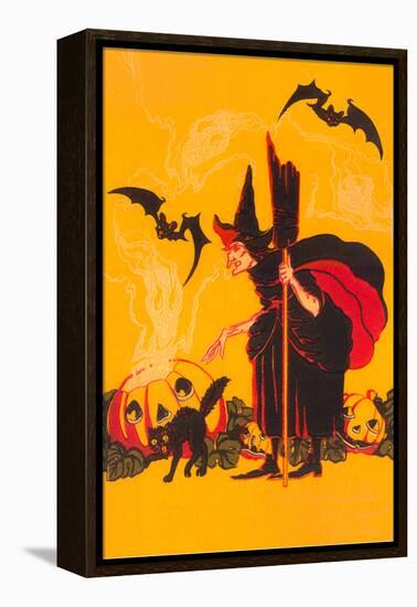 Witch with Goblin Emerging from Pumpkin-null-Framed Stretched Canvas