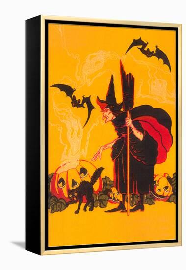 Witch with Goblin Emerging from Pumpkin-null-Framed Stretched Canvas