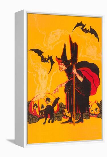 Witch with Goblin Emerging from Pumpkin-null-Framed Stretched Canvas