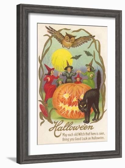 Witches, Bats Owl, Cat, Jack O'Lantern-null-Framed Art Print