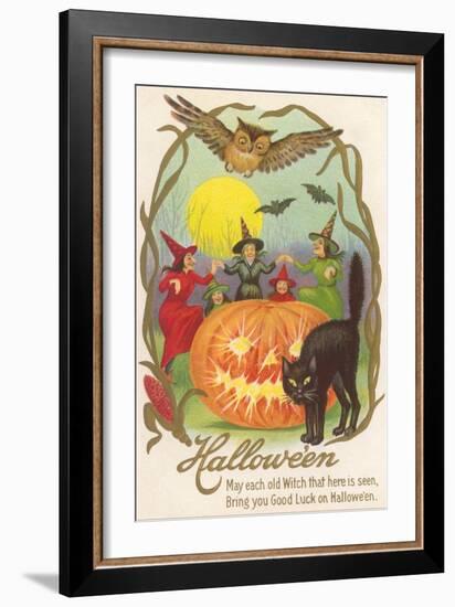 Witches, Bats Owl, Cat, Jack O'Lantern-null-Framed Art Print