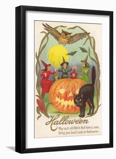 Witches, Bats Owl, Cat, Jack O'Lantern-null-Framed Art Print