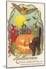 Witches, Bats Owl, Cat, Jack O'Lantern-null-Mounted Art Print