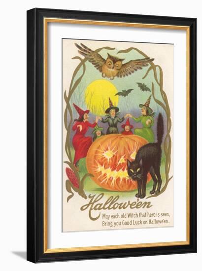 Witches, Bats Owl, Cat, Jack O'Lantern-null-Framed Art Print