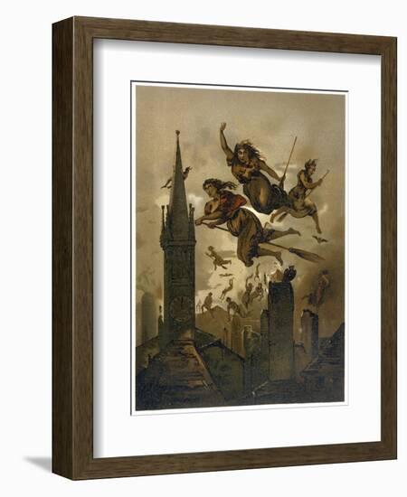 Witches on Their Broomsticks Fly Over the Roofs of Their Town-null-Framed Art Print