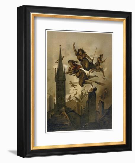 Witches on Their Broomsticks Fly Over the Roofs of Their Town-null-Framed Art Print