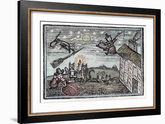 Witches with Their Familiars One of Which Has Learnt to Fly a Broomstick on Its Own!-null-Framed Art Print