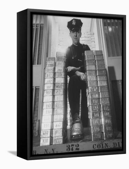 With Gold Bars in Federal Reserve Bank, Guard Wearing Protective Aluminum Overshoes-Walter Sanders-Framed Premier Image Canvas