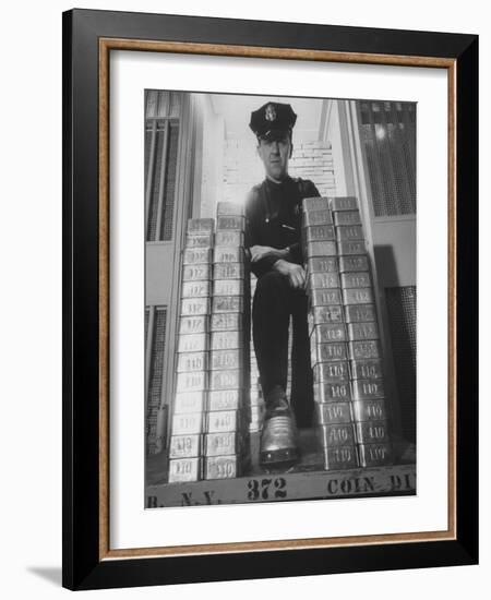 With Gold Bars in Federal Reserve Bank, Guard Wearing Protective Aluminum Overshoes-Walter Sanders-Framed Photographic Print