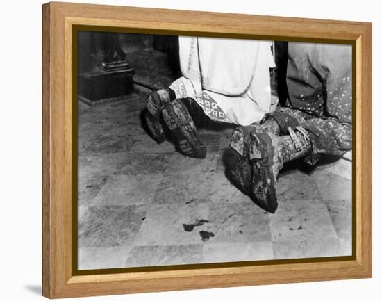 With Soiled Army Boots, a Chaplain and Soldier Kneel at Catholic Mass Is Held for Two Dead Soldiers-null-Framed Stretched Canvas