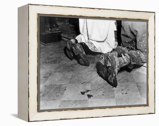 With Soiled Army Boots, a Chaplain and Soldier Kneel at Catholic Mass Is Held for Two Dead Soldiers-null-Framed Stretched Canvas