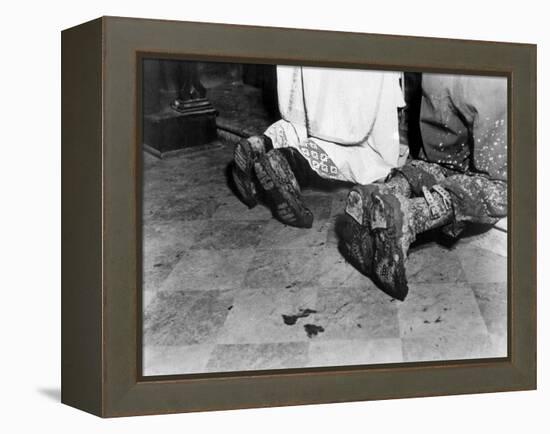 With Soiled Army Boots, a Chaplain and Soldier Kneel at Catholic Mass Is Held for Two Dead Soldiers-null-Framed Stretched Canvas