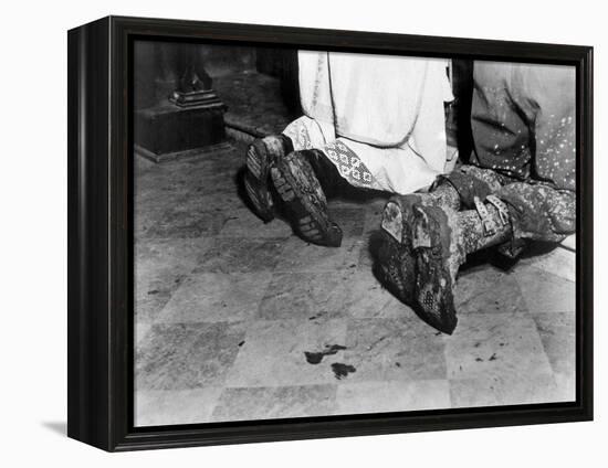 With Soiled Army Boots, a Chaplain and Soldier Kneel at Catholic Mass Is Held for Two Dead Soldiers-null-Framed Stretched Canvas