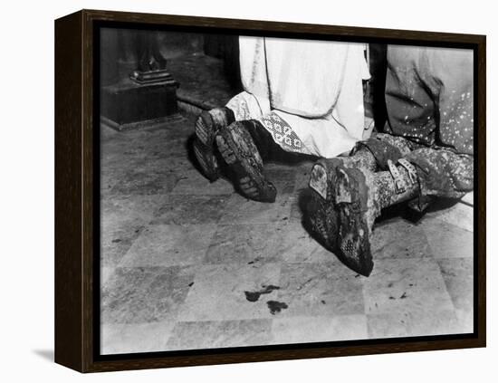 With Soiled Army Boots, a Chaplain and Soldier Kneel at Catholic Mass Is Held for Two Dead Soldiers-null-Framed Stretched Canvas