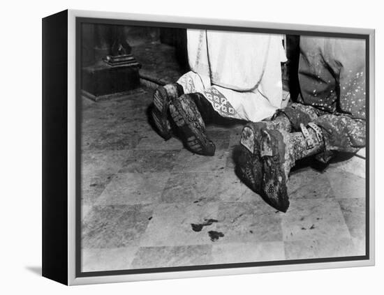 With Soiled Army Boots, a Chaplain and Soldier Kneel at Catholic Mass Is Held for Two Dead Soldiers-null-Framed Stretched Canvas