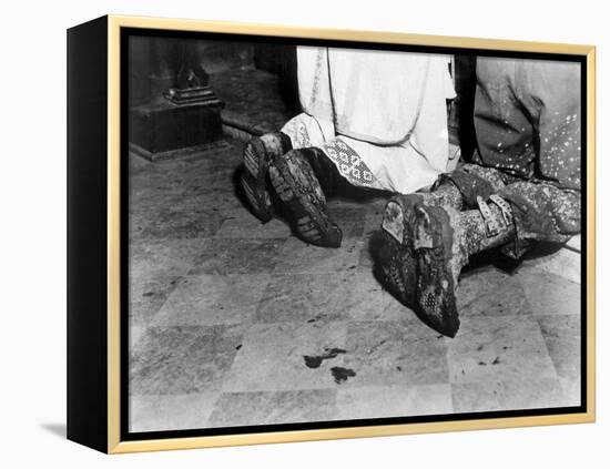 With Soiled Army Boots, a Chaplain and Soldier Kneel at Catholic Mass Is Held for Two Dead Soldiers-null-Framed Stretched Canvas