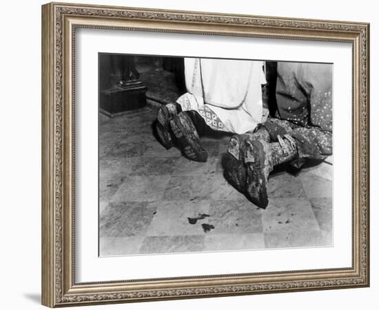 With Soiled Army Boots, a Chaplain and Soldier Kneel at Catholic Mass Is Held for Two Dead Soldiers-null-Framed Photo