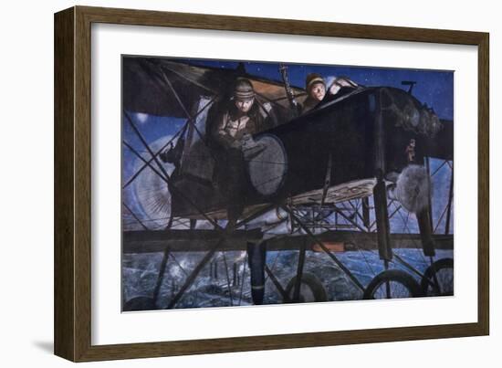 With the French Air Service, a Night Bombardment by a Voisin Biplane, 1918-Francois Flameng-Framed Giclee Print