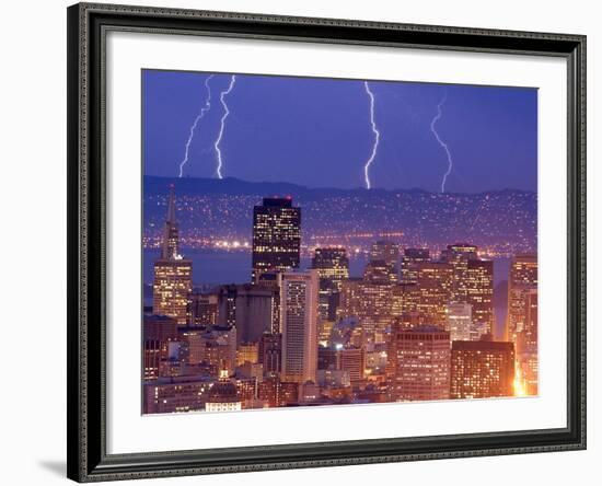 With the San Francisco Skyline in the Foreground, Lightning Strikes Over the Hills of Oakland, Ca-null-Framed Photographic Print