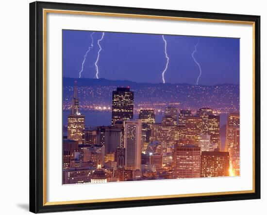 With the San Francisco Skyline in the Foreground, Lightning Strikes Over the Hills of Oakland, Ca-null-Framed Photographic Print