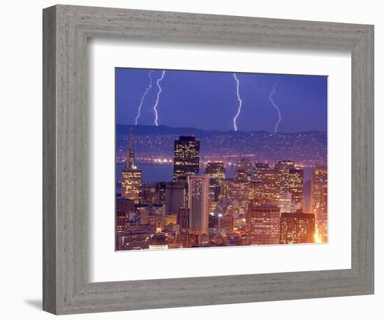 With the San Francisco Skyline in the Foreground, Lightning Strikes Over the Hills of Oakland, Ca-null-Framed Photographic Print