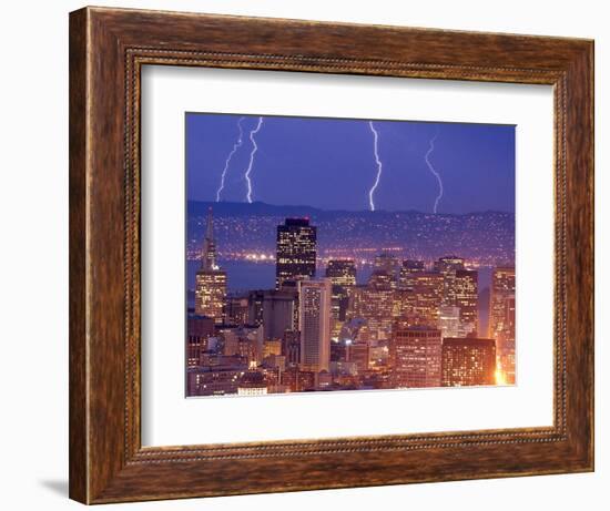 With the San Francisco Skyline in the Foreground, Lightning Strikes Over the Hills of Oakland, Ca-null-Framed Photographic Print