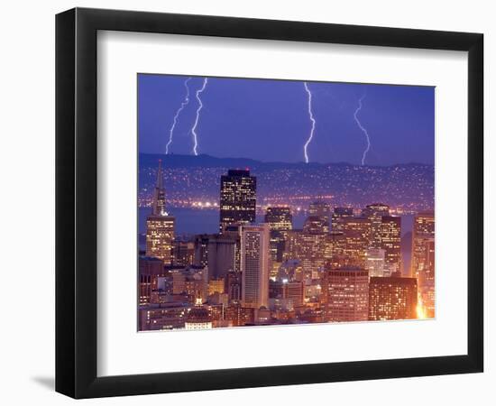 With the San Francisco Skyline in the Foreground, Lightning Strikes Over the Hills of Oakland, Ca-null-Framed Photographic Print