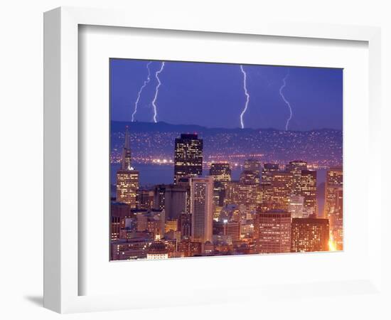 With the San Francisco Skyline in the Foreground, Lightning Strikes Over the Hills of Oakland, Ca-null-Framed Photographic Print