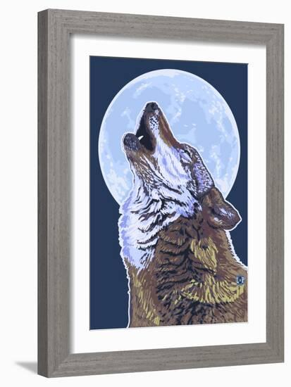 Wolf Howling at Moon-Lantern Press-Framed Art Print