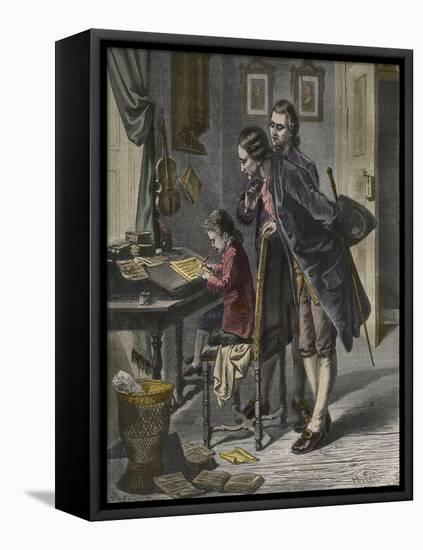 Wolfgang Amadeus Mozart writing a concerto in the presence of his father, Leopold-French School-Framed Premier Image Canvas