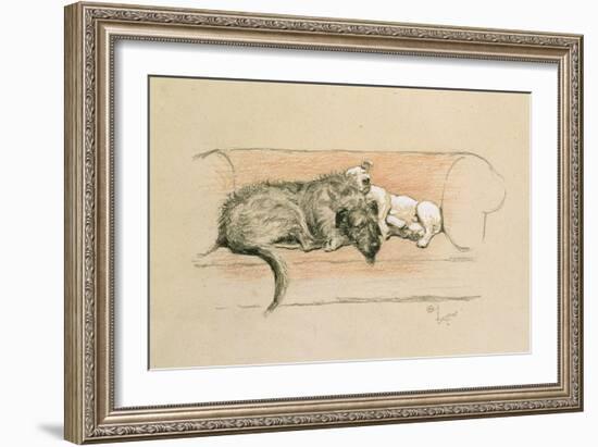 Wolfhound and Bull Terrier Asleep on a Sofa-Cecil Charles Windsor Aldin-Framed Giclee Print