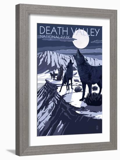 Wolves and Full Moon - Death Valley National Park-Lantern Press-Framed Art Print