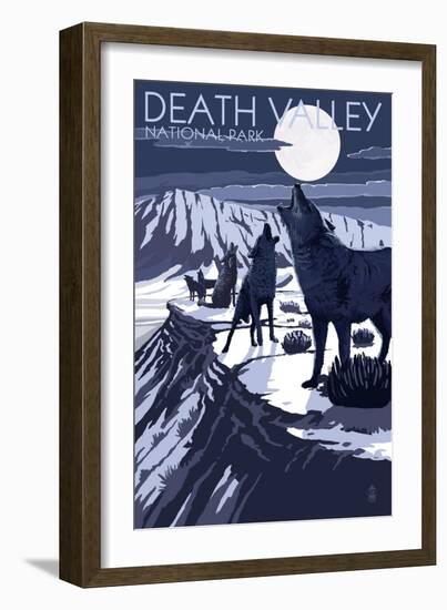 Wolves and Full Moon - Death Valley National Park-Lantern Press-Framed Art Print