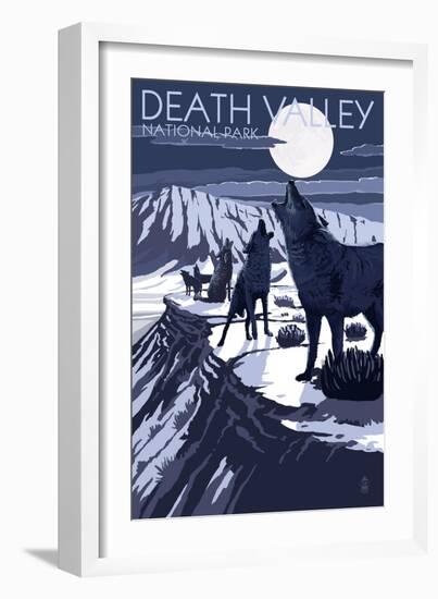 Wolves and Full Moon - Death Valley National Park-Lantern Press-Framed Art Print