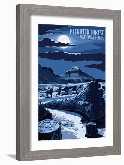 Wolves and Full Moon - Petrified Forest National Park-Lantern Press-Framed Art Print