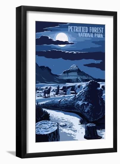 Wolves and Full Moon - Petrified Forest National Park-Lantern Press-Framed Art Print
