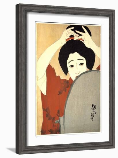 Woman Adjusting Her Hair in Front of the Mirror, 1930-Kitano Tsunetoni-Framed Giclee Print