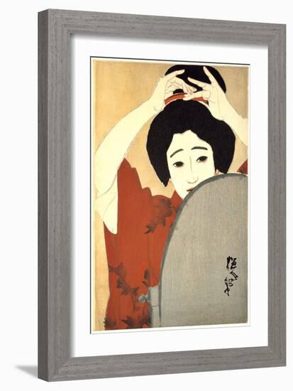 Woman Adjusting Her Hair in Front of the Mirror, 1930-Kitano Tsunetoni-Framed Giclee Print