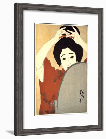Woman Adjusting Her Hair in Front of the Mirror, 1930-Kitano Tsunetoni-Framed Giclee Print